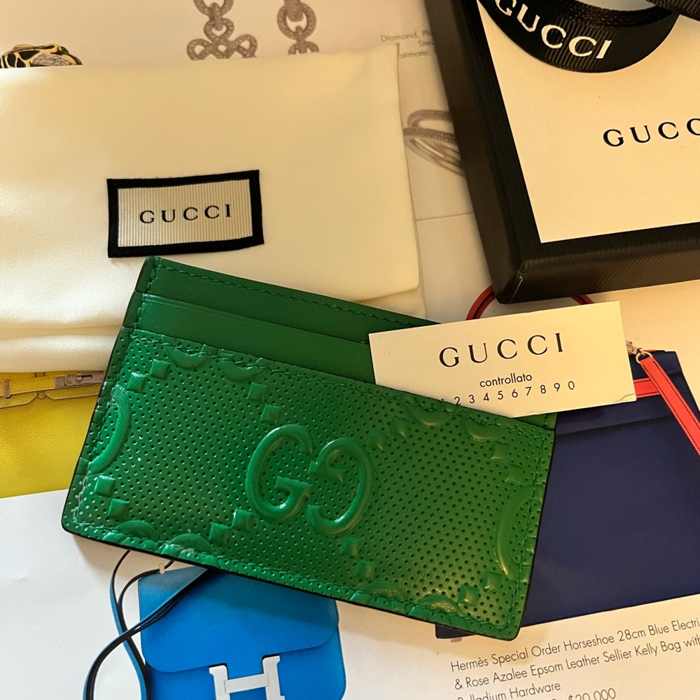 Green 625564 Gg Embossed Card Case Wallet